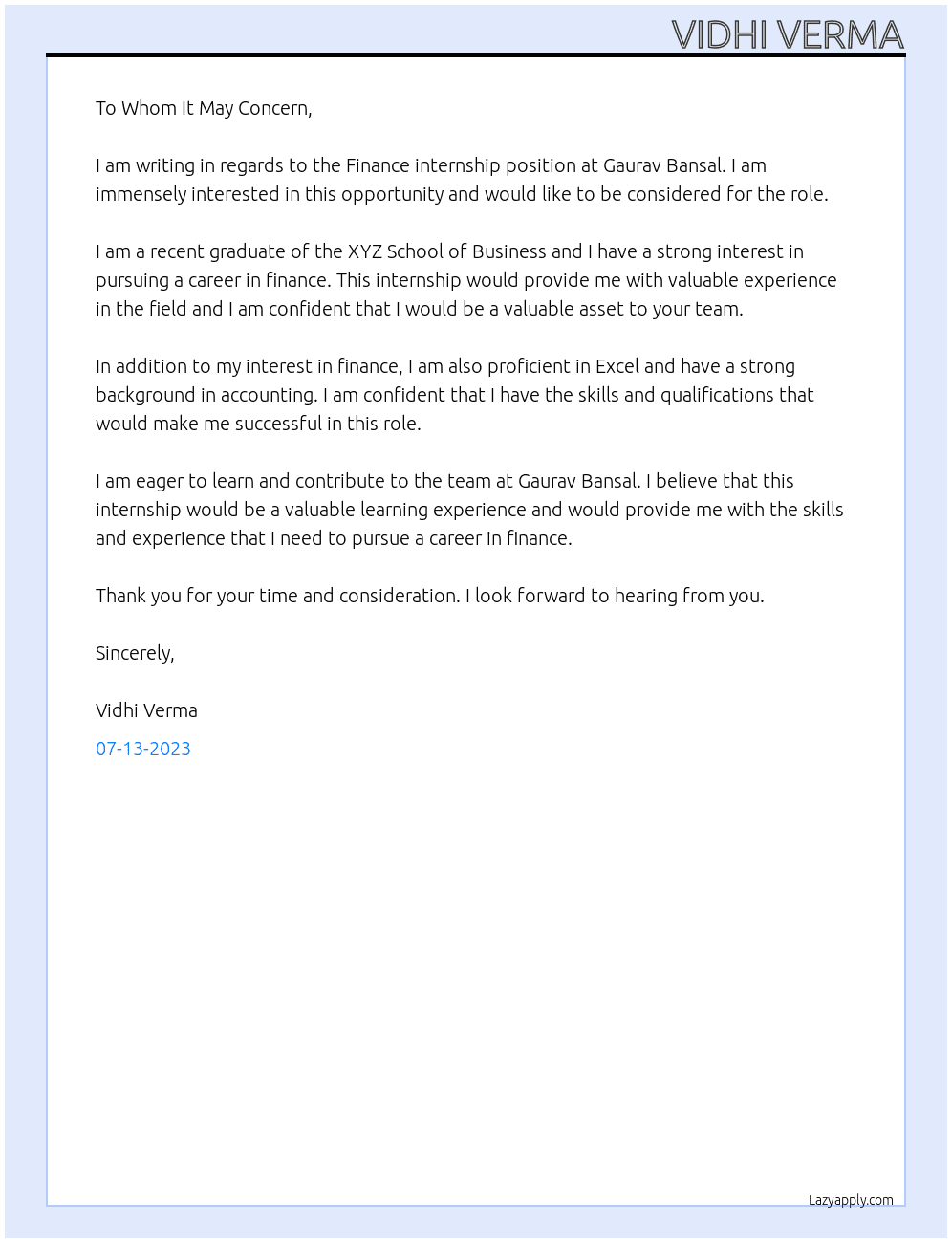 Finance internship At Gaurav Bansal Cover Letter