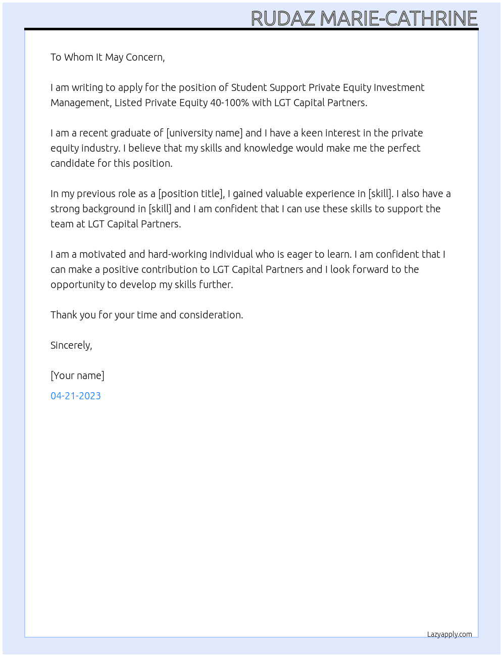 Student Support Private Equity Investment Management, Listed Private Equity 40-100% At LGT Capital Partners Cover Letter