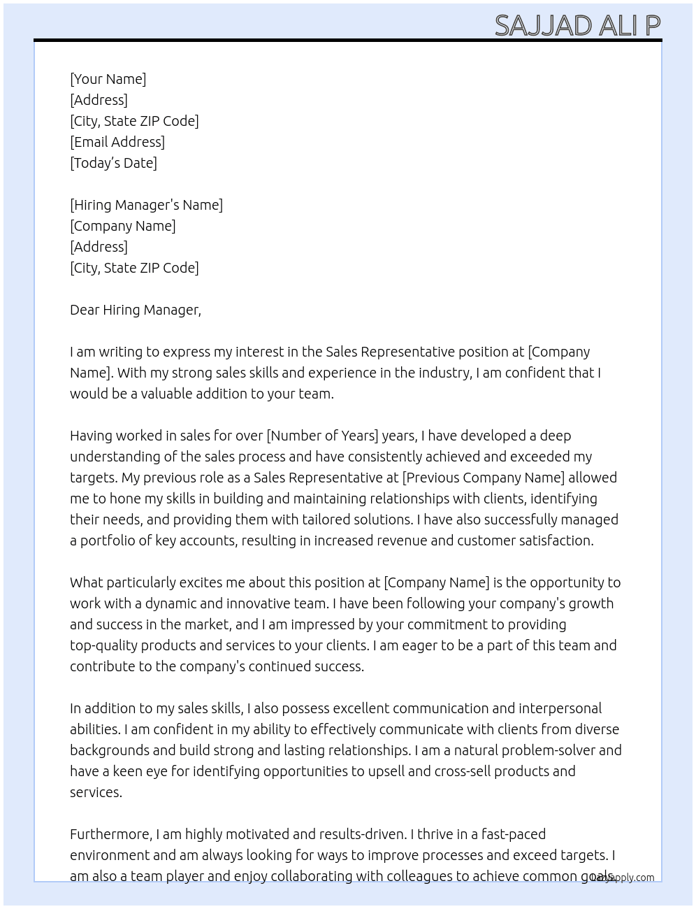 Sales representative At Not mentioned Cover Letter