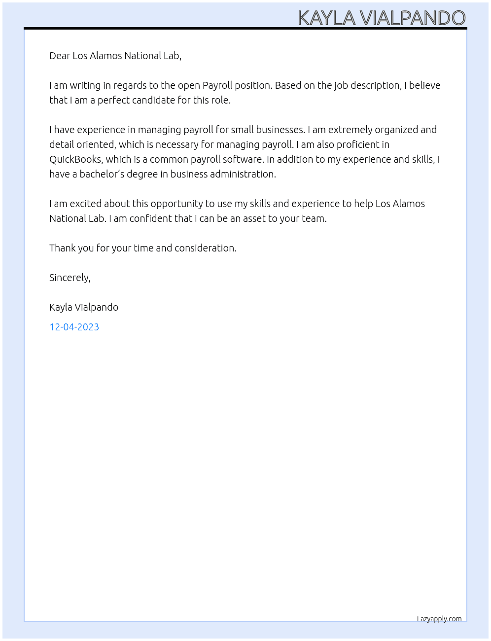 Payroll At Los Alamos National Lab  Cover Letter