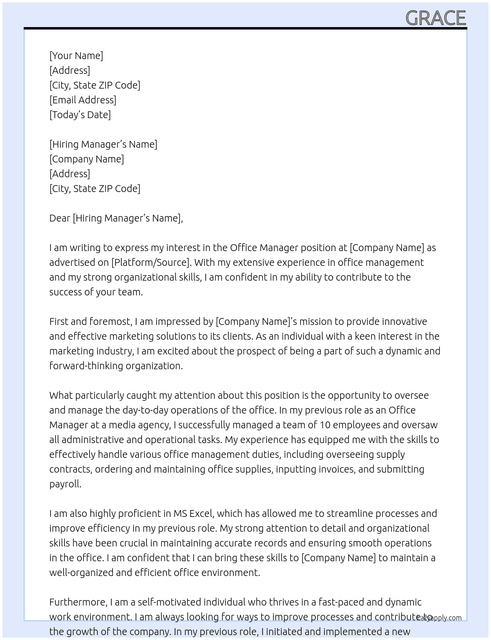 Office manager At Marketing Agency Cover Letter