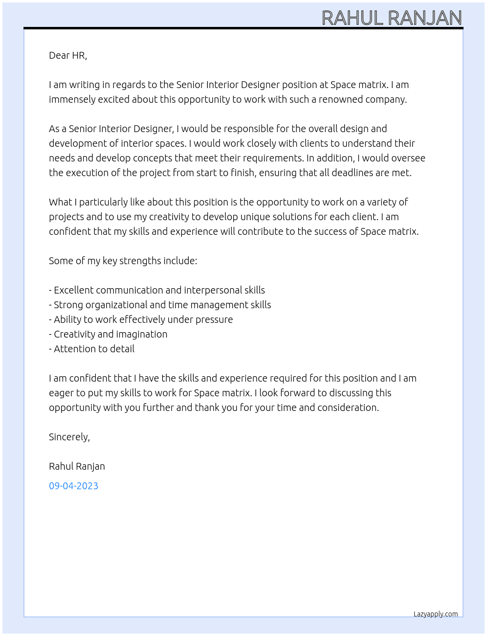 Senior Interior Designer At Space matrix  Cover Letter