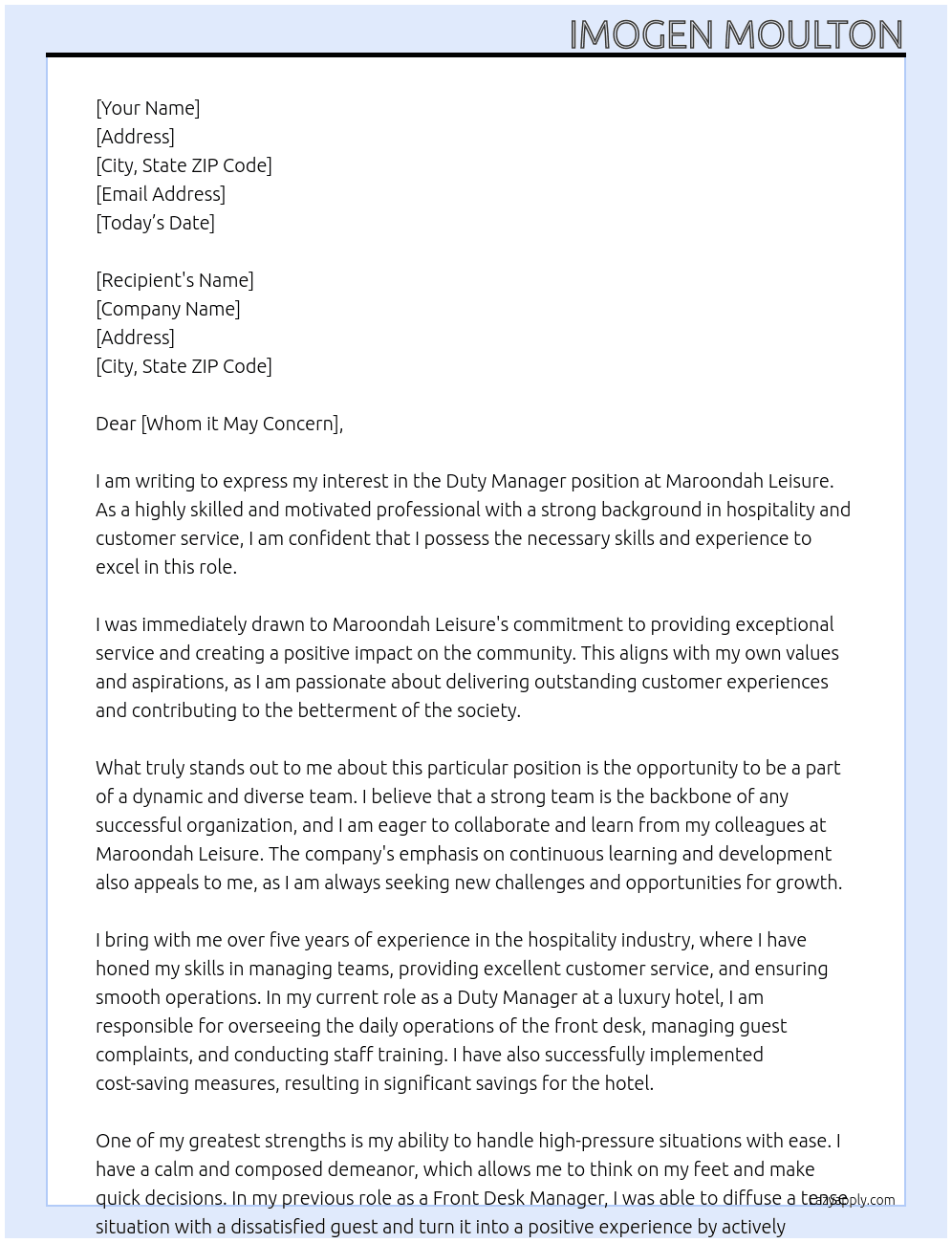 Duty Manager At Maroondah Leisure  Cover Letter