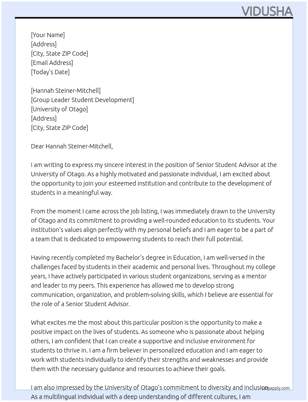 Senior Student Advisor  At University of Otago  Cover Letter