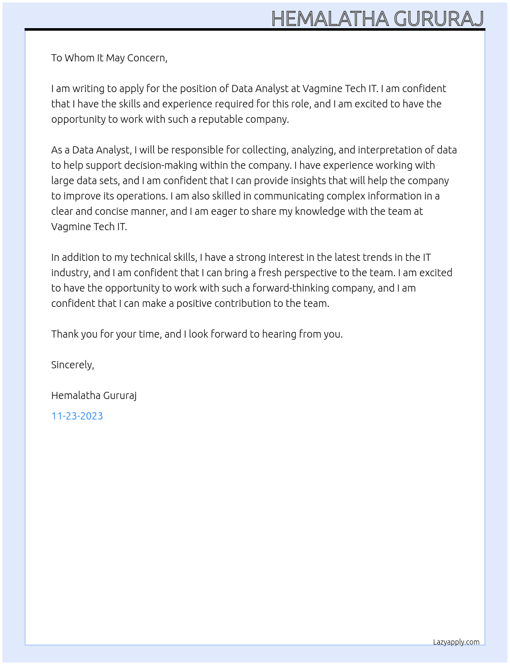 Data Analyst At Vagmine Tech IT Cover Letter
