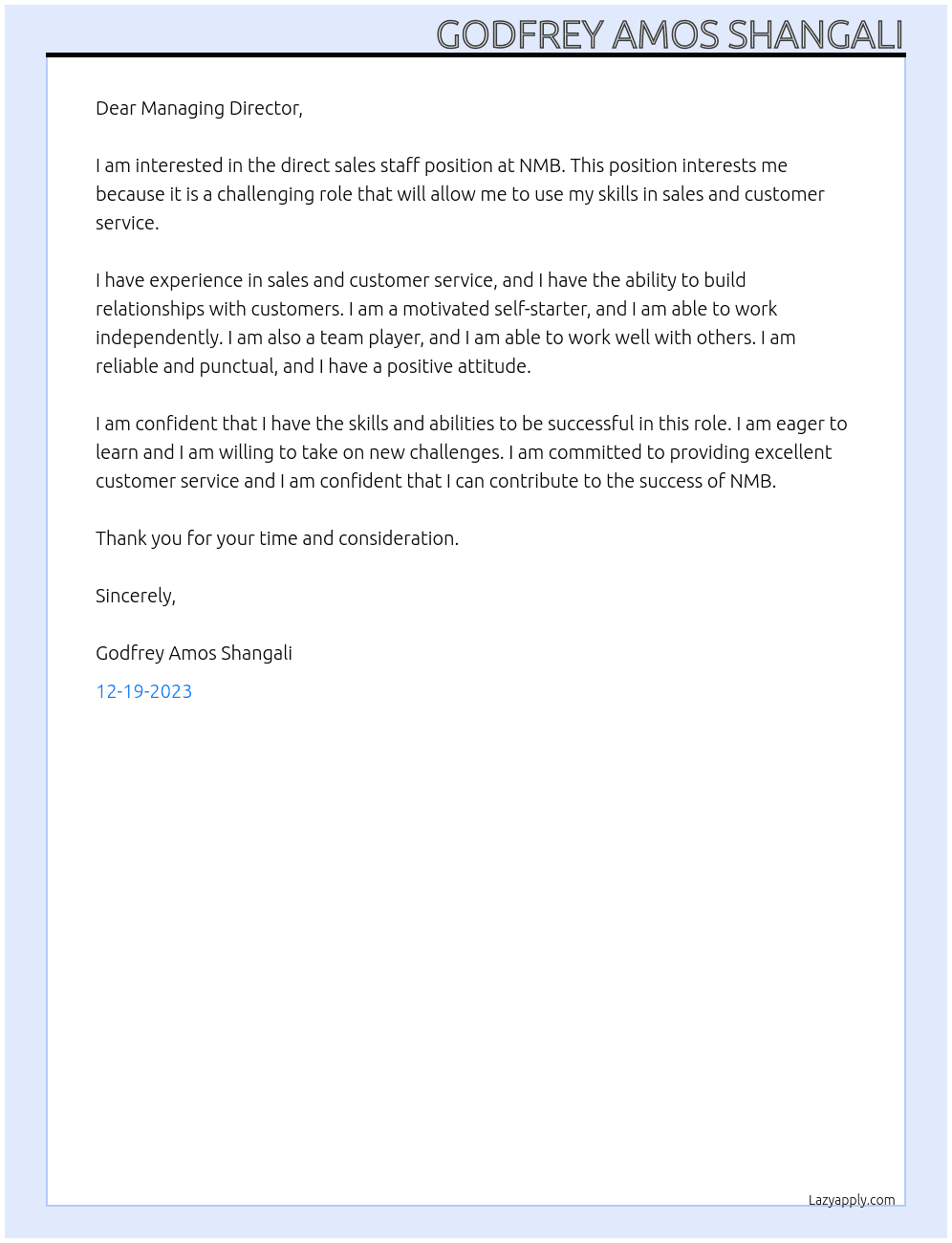 Direct sales staff At NMB Cover Letter