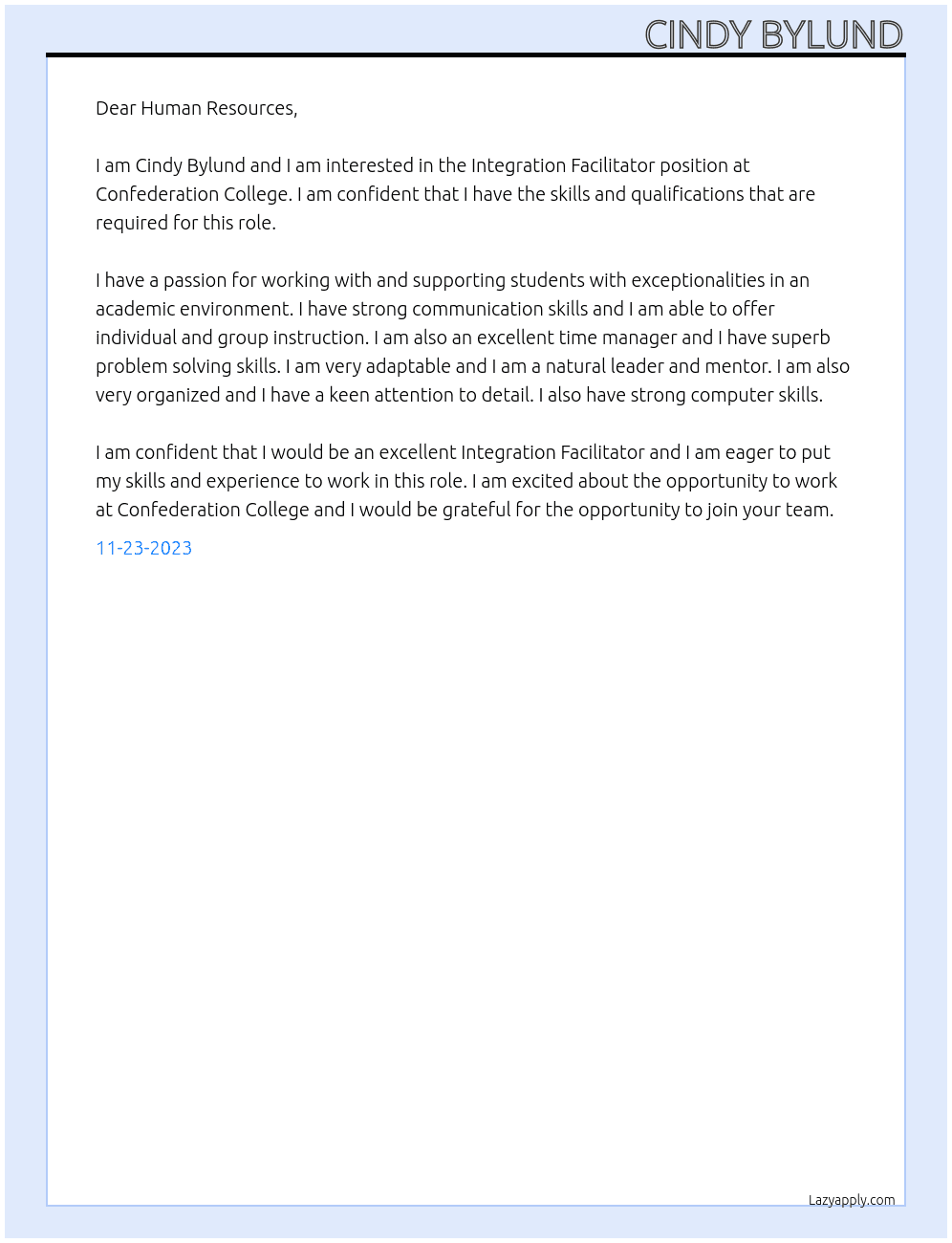 Integration Facilitator At Confederation College Cover Letter