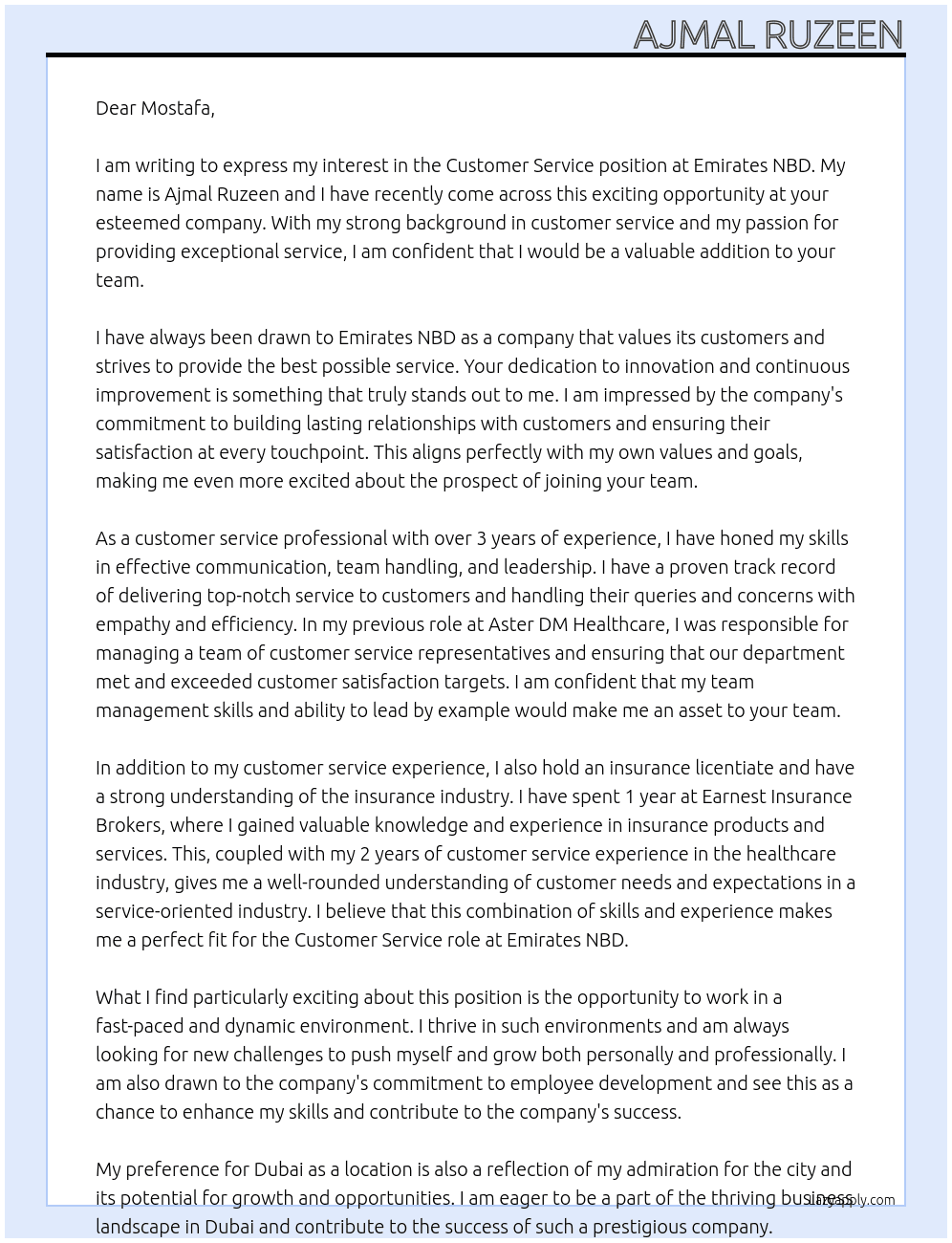 Customer service At Emirates NBD Cover Letter