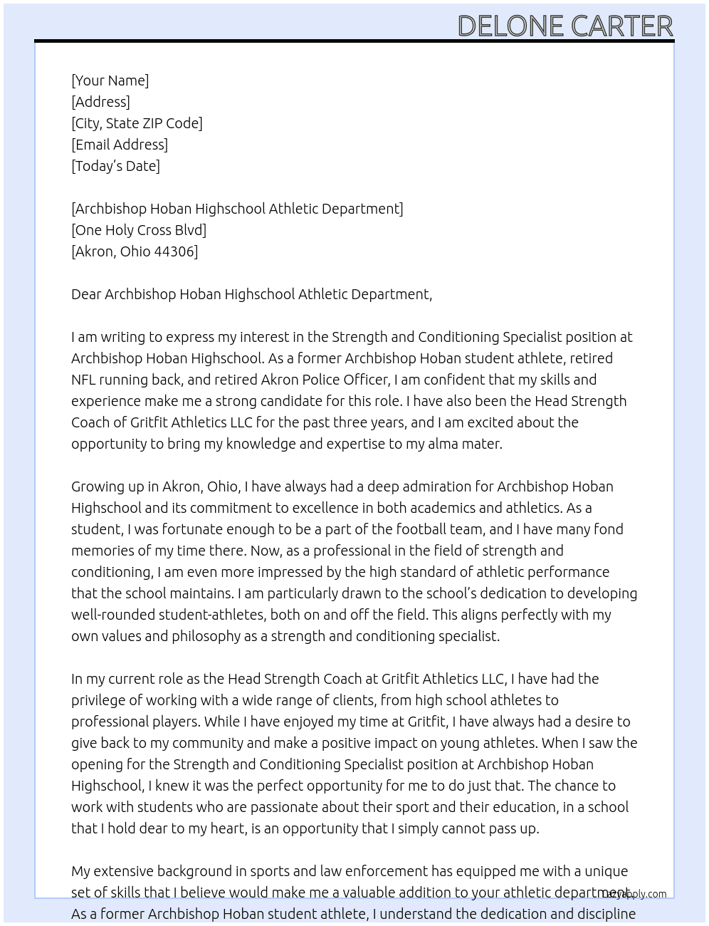 Strength And Conditioning Specialist At Archbishop Hoban Highschool Cover Letter
