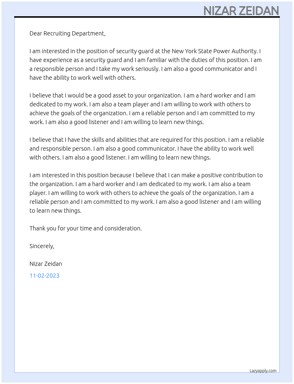 Security Guard At New York State Power Authority Cover Letter