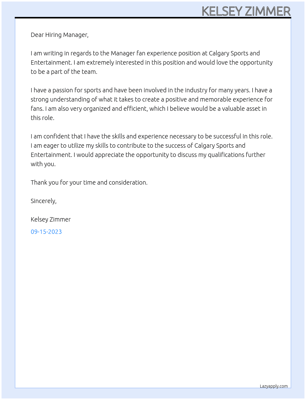 Manager fan experience At Calgary Sports and Entertainment Cover Letter