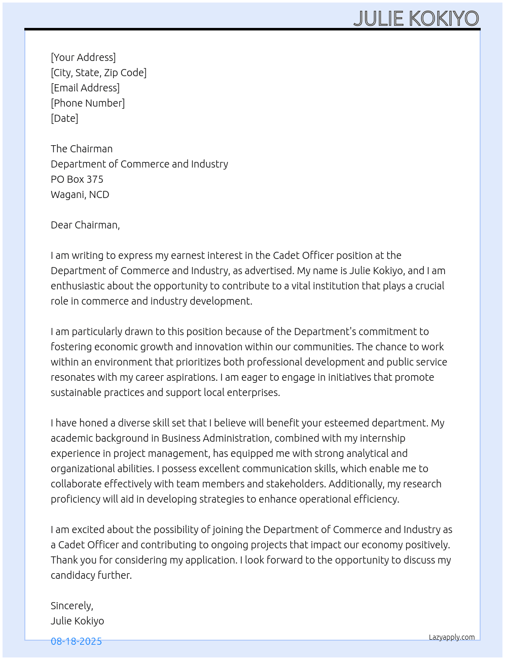 Cadet officer At  Department Of Commerce and industry Cover Letter