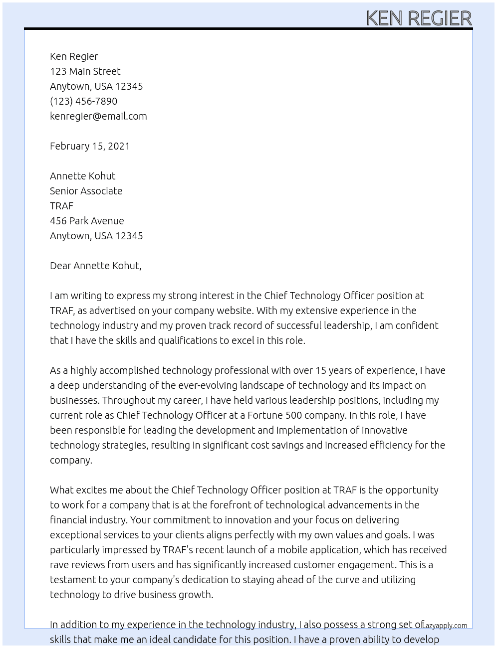 Chief Technology Officer At TRAF Cover Letter