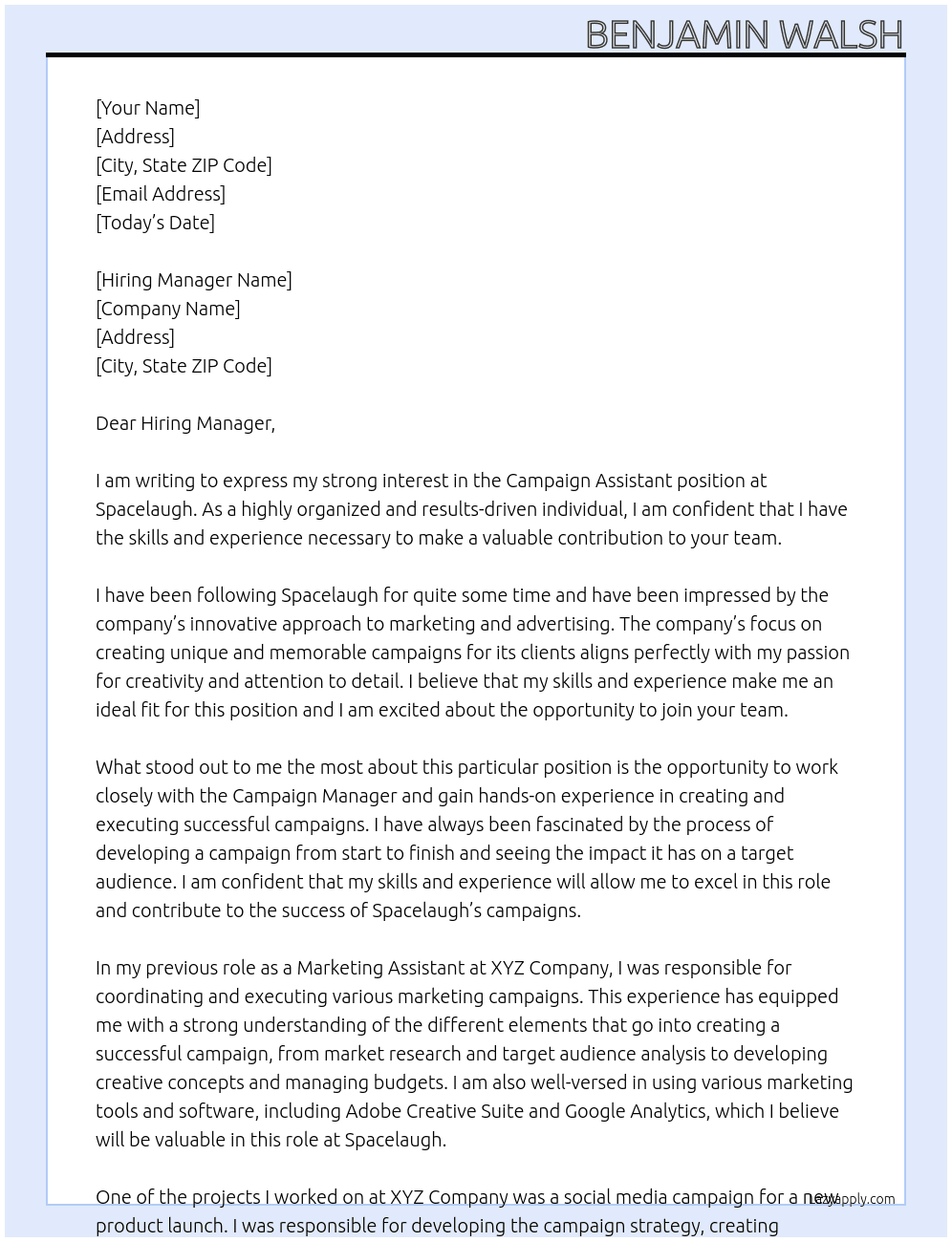 Campaign Assistant At Spacelaugh Cover Letter