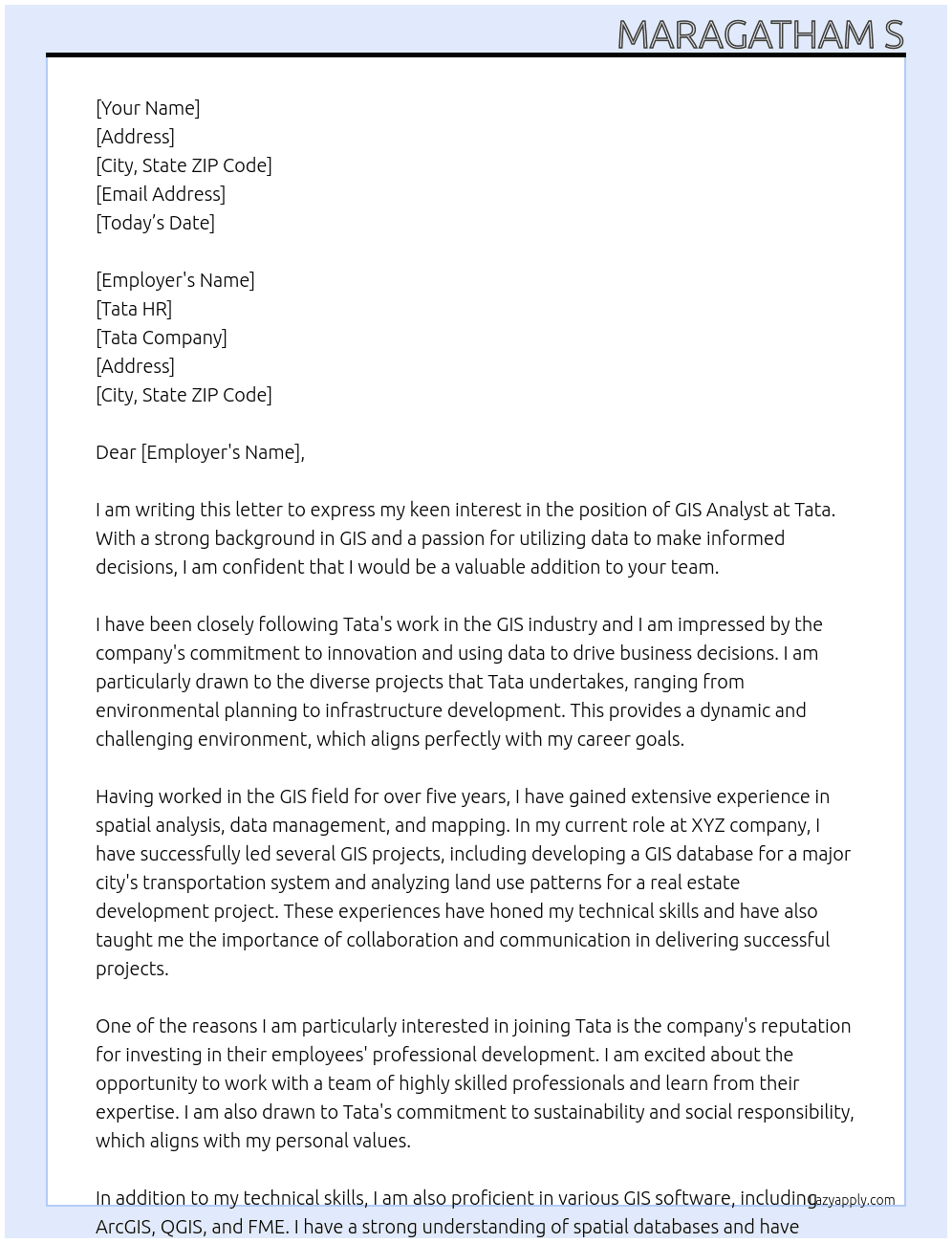 Gis analyst  At Tata Cover Letter