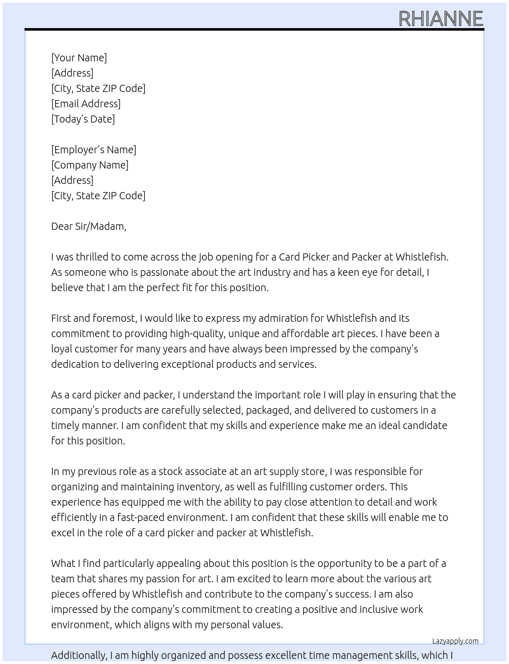 Card Picker and Packer At Whistlefish Cover Letter