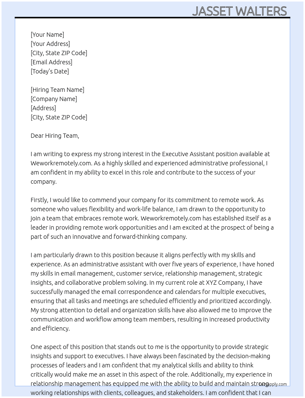 Executive Assistant  At Weworkremotely.com Cover Letter