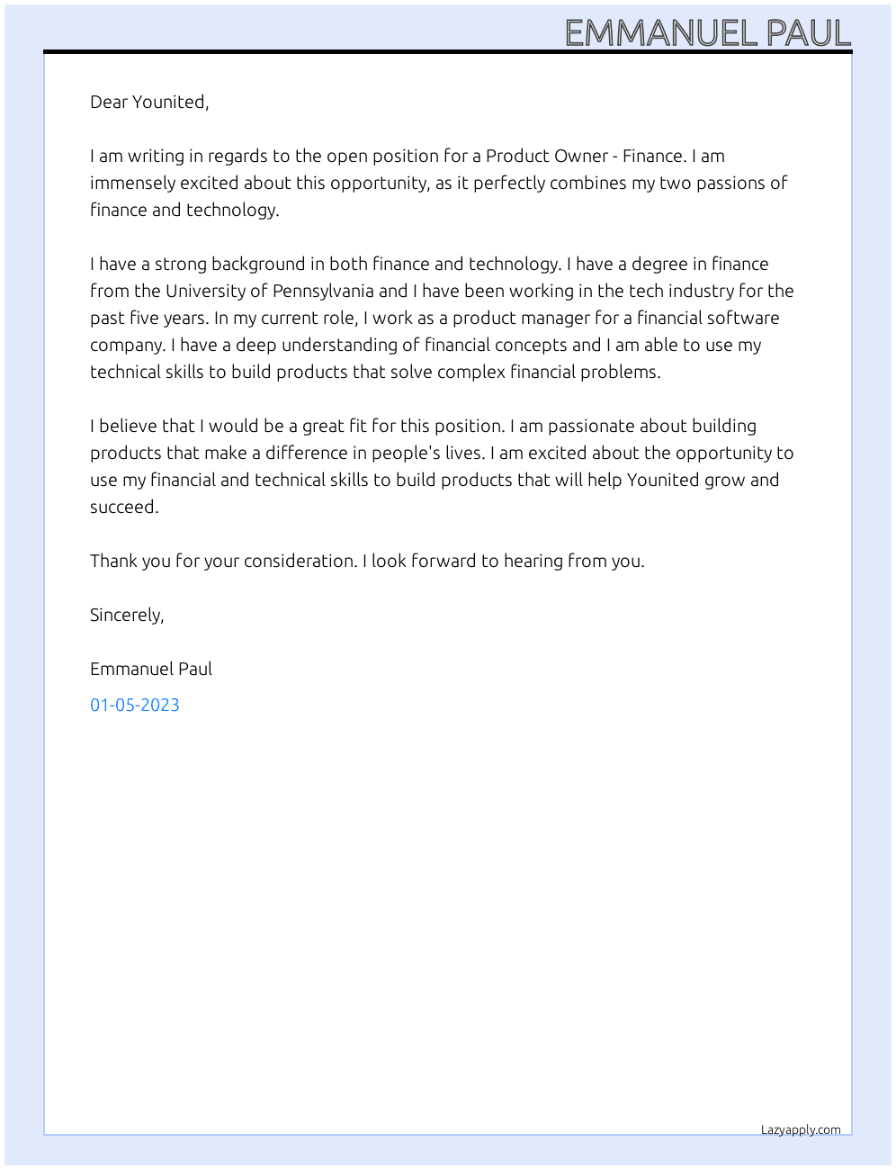 Cover letter for product owner - finance - LazyApply