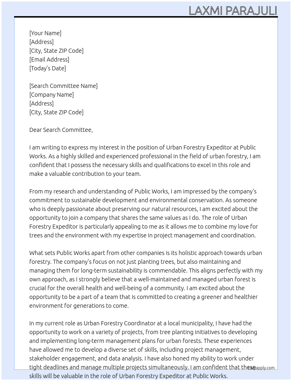URBAN FORESTRY EXPEDITOR At Public Works Cover Letter
