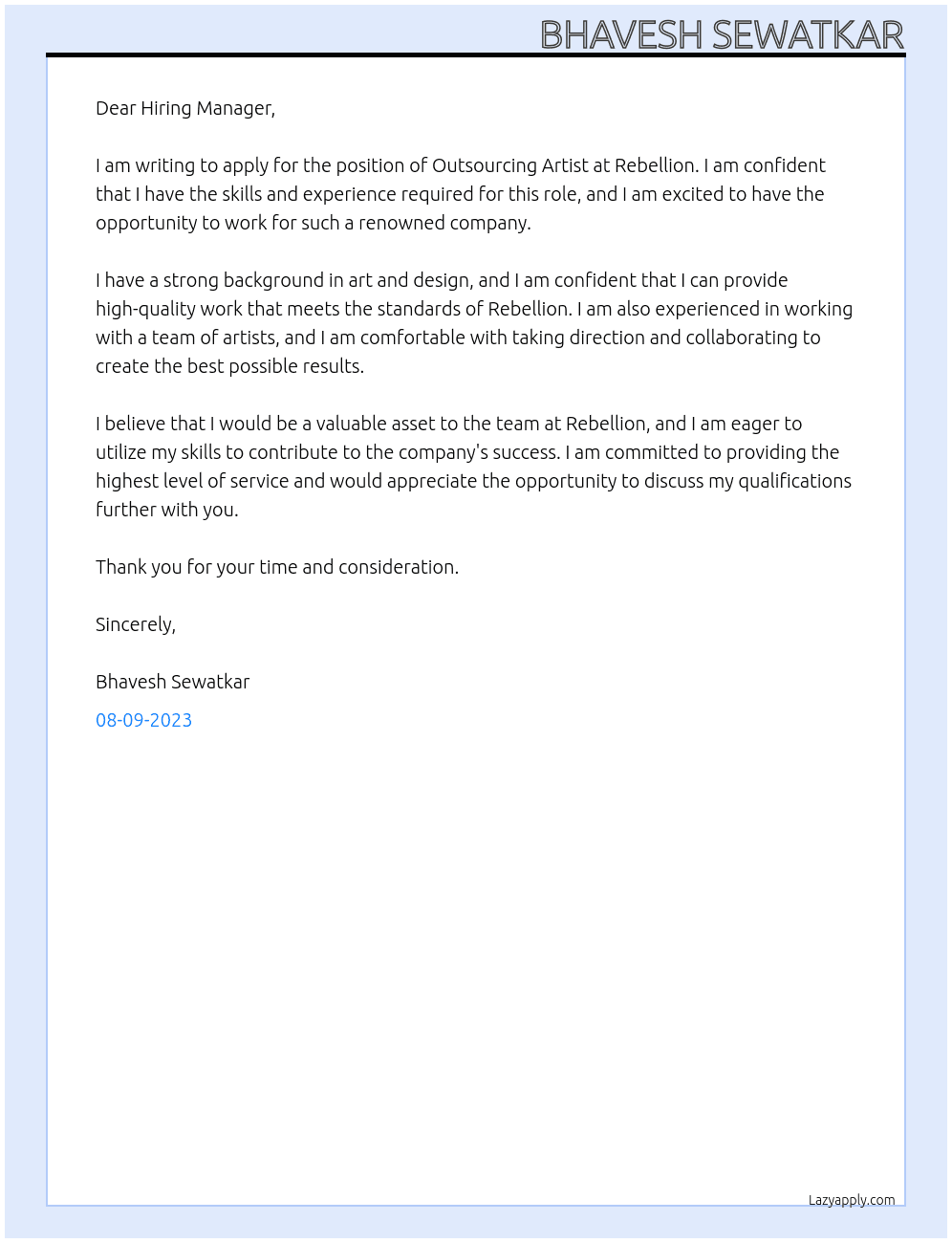 outsourcing artist At Rebellion Cover Letter