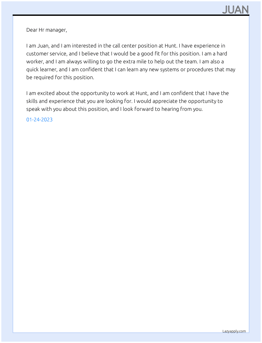 Call Center At Hunt Cover Letter