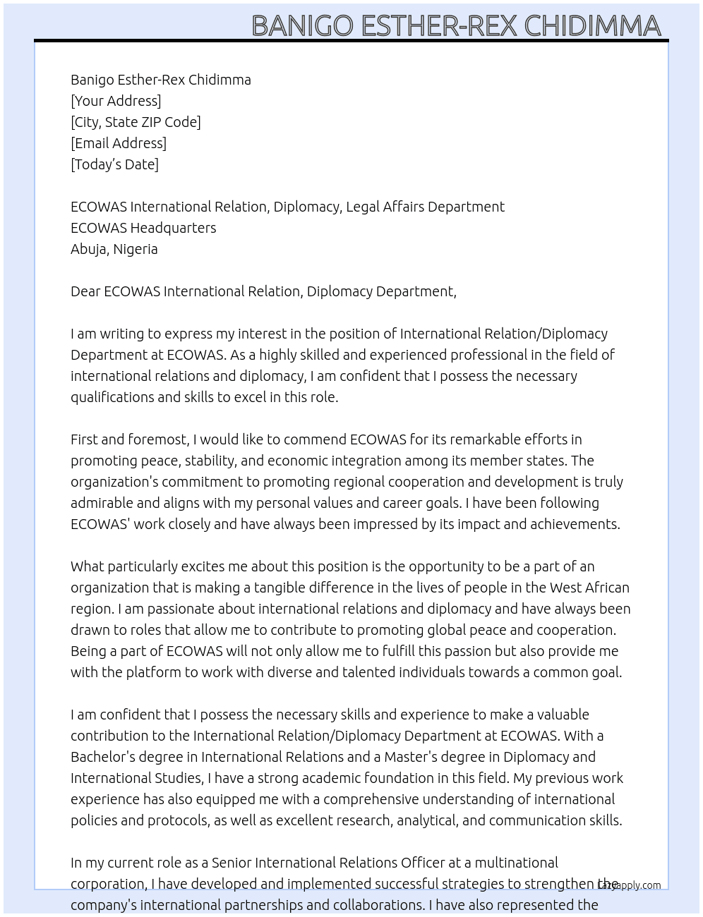 ecowas International relation/diplomacy department At ECOWAS Cover Letter