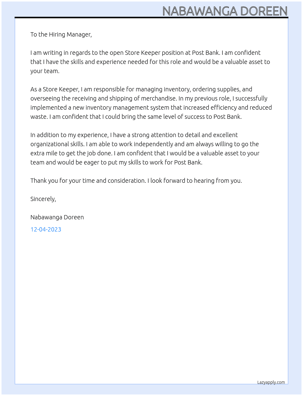 Store keeper  At Post bank Cover Letter