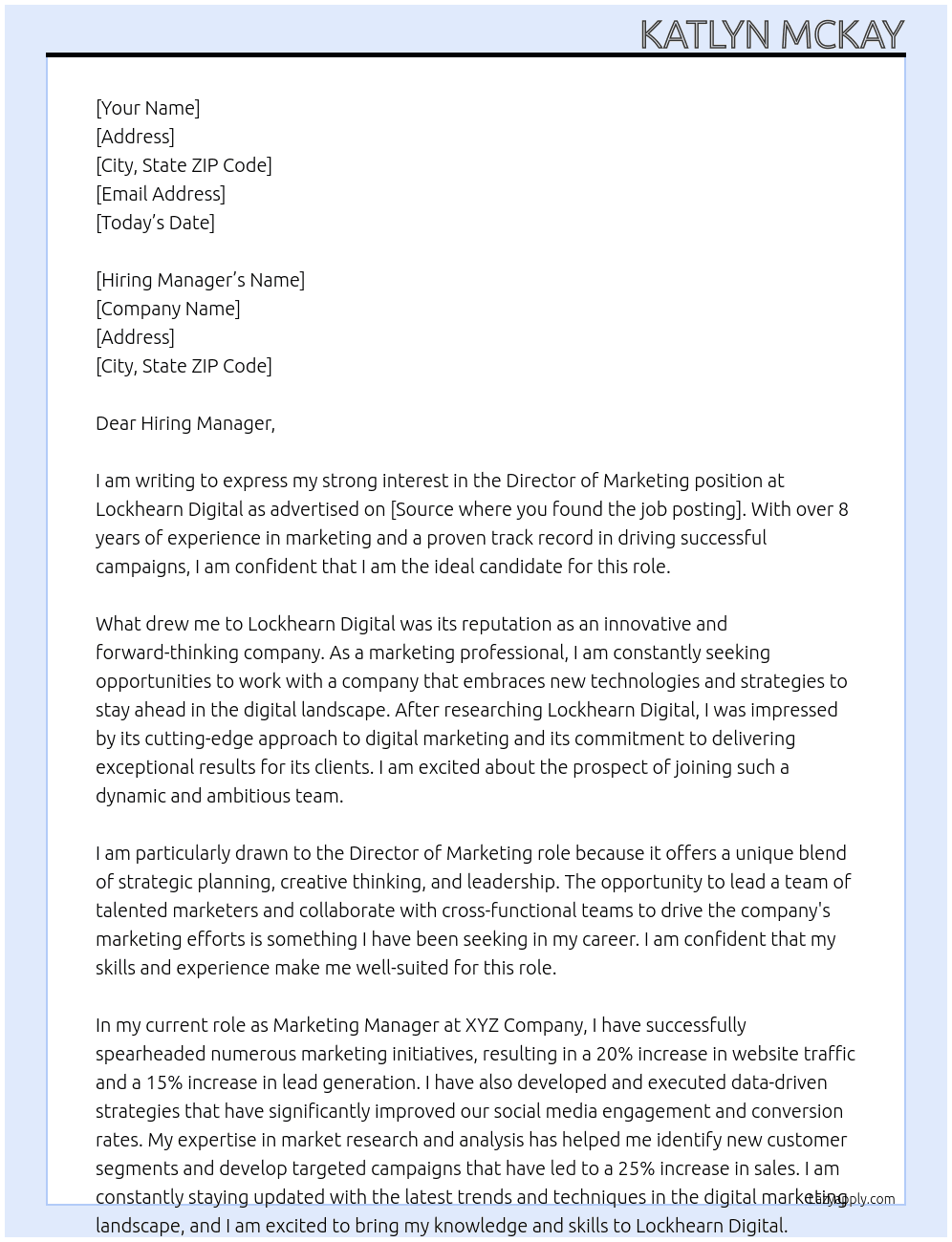 Director of Marketing At Lockhearn Digital Cover Letter