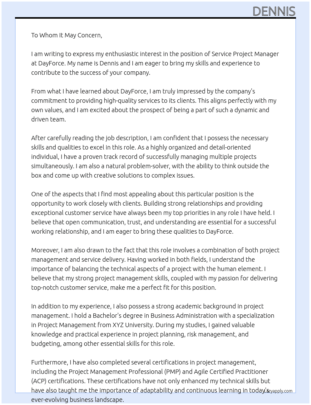 Service Project Manager At DayForce Cover Letter