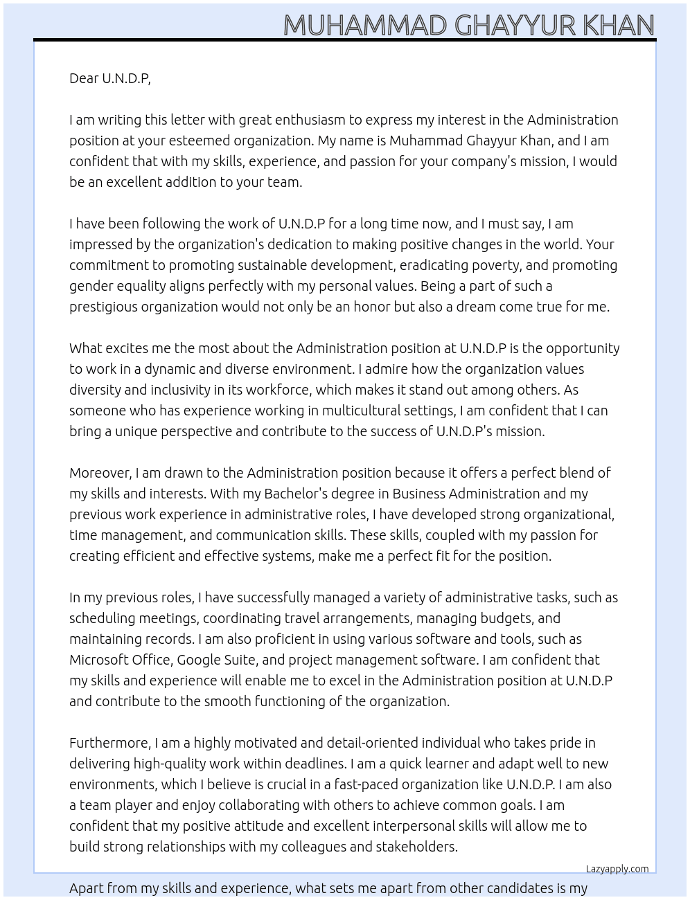 Administration  At U.N.D.P Cover Letter