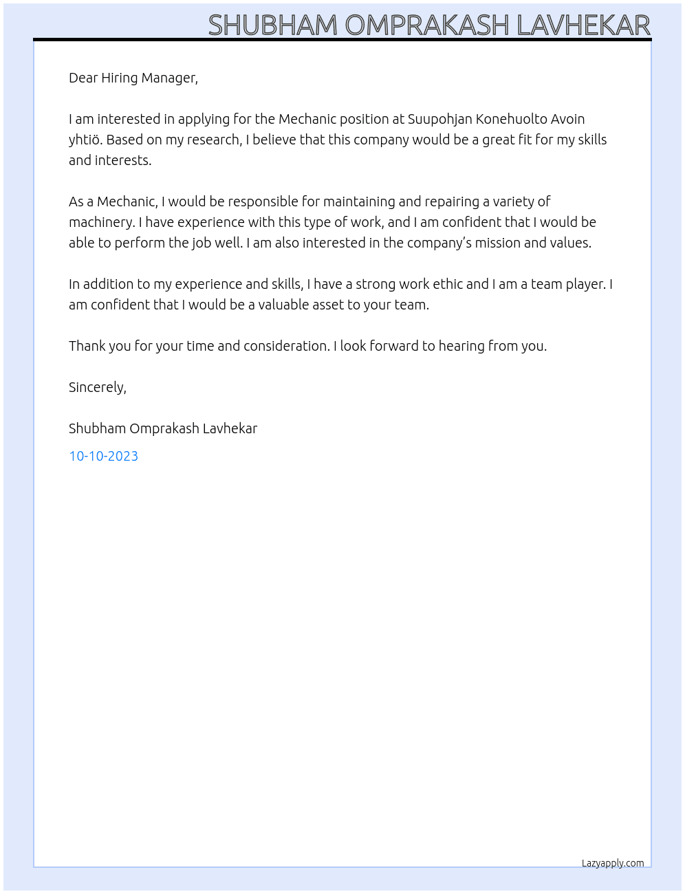  Mechanic  At Suupohjan Konehuolto Avoin yhtiö Cover Letter
