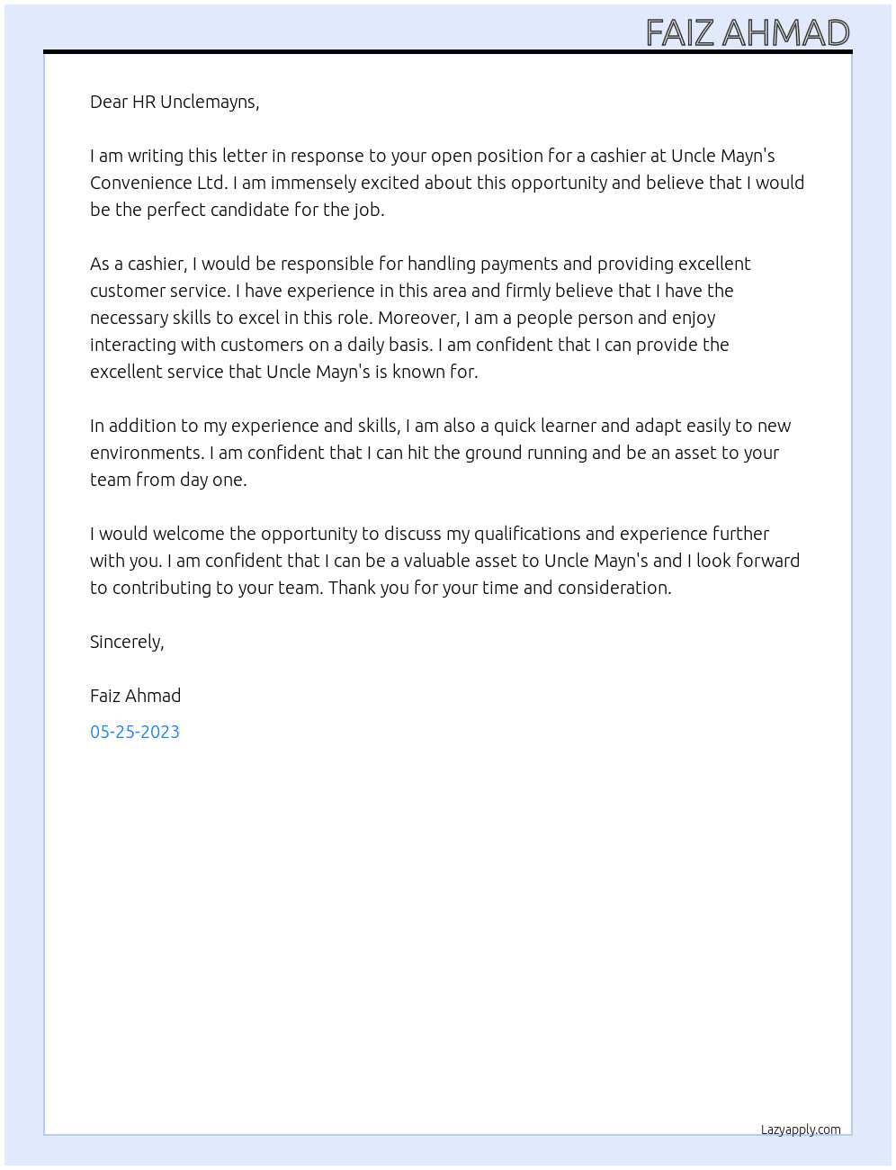Cashier At Uncle Mayn's Convenience Ltd Cover Letter