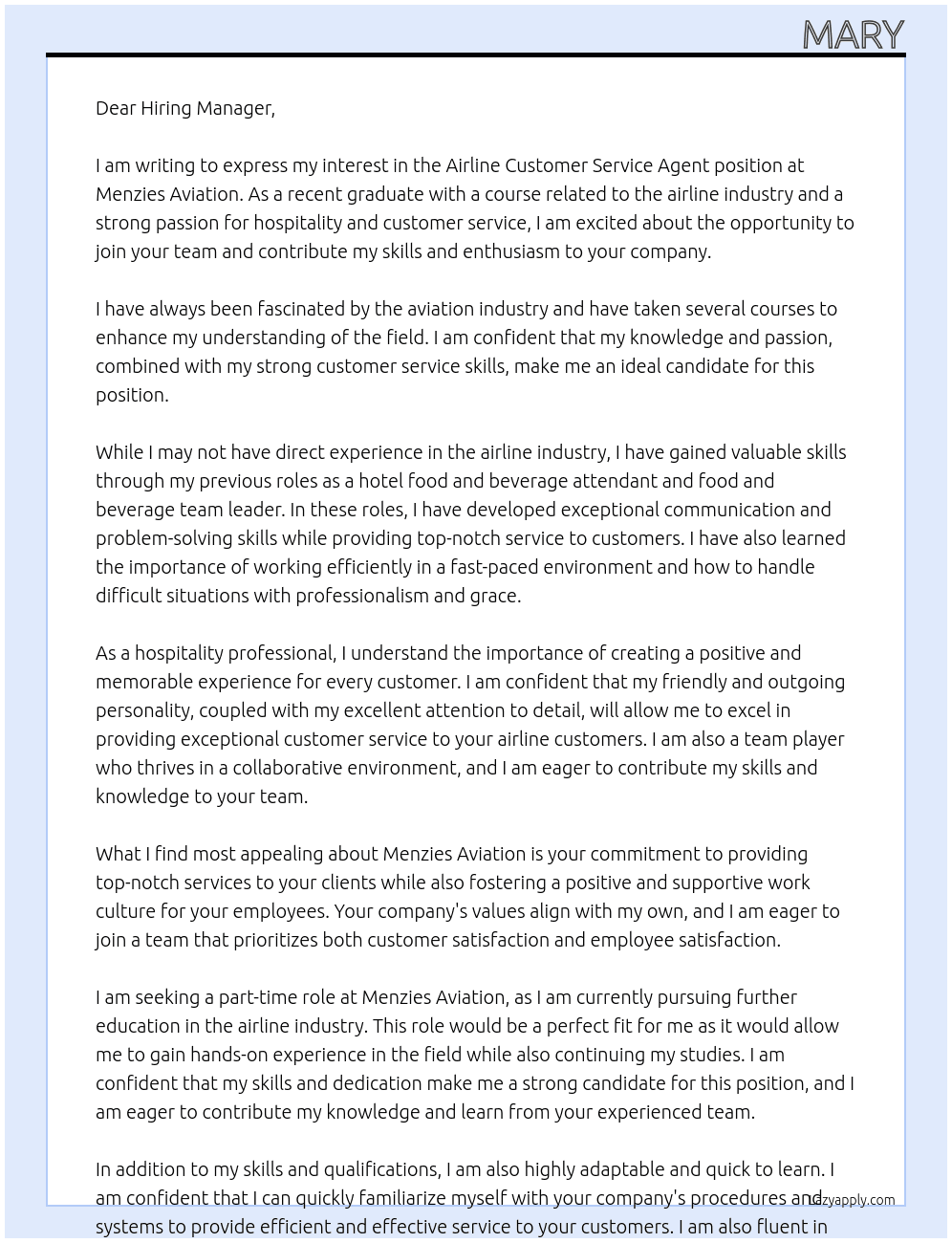 Airline Customer Service Agent (with no experience) (has course related to airline) At Menzies Aviation Cover Letter