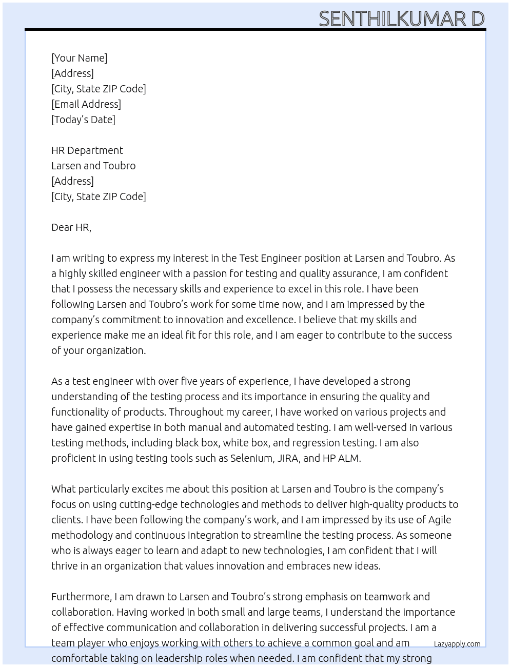 test engineer At Larsen and toubro Cover Letter