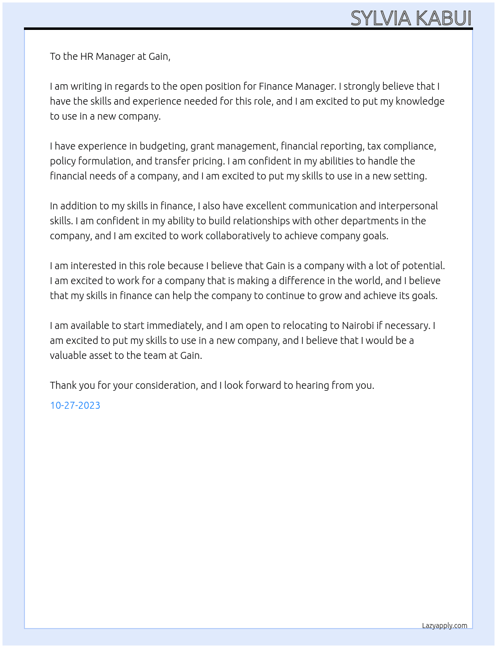 Finance Manager At Gain Cover Letter