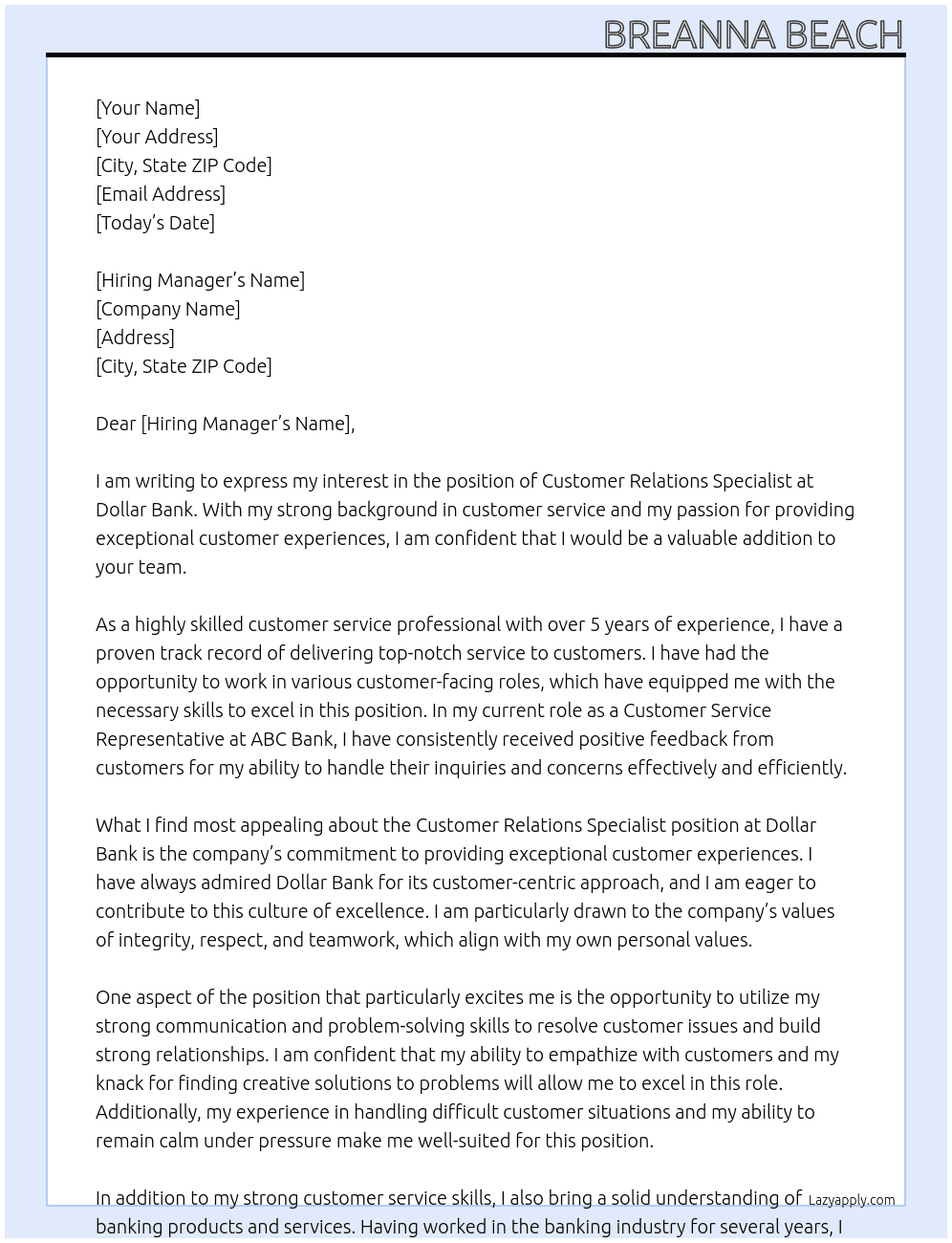 Customer Relations Specialist At Dollar Bank Cover Letter