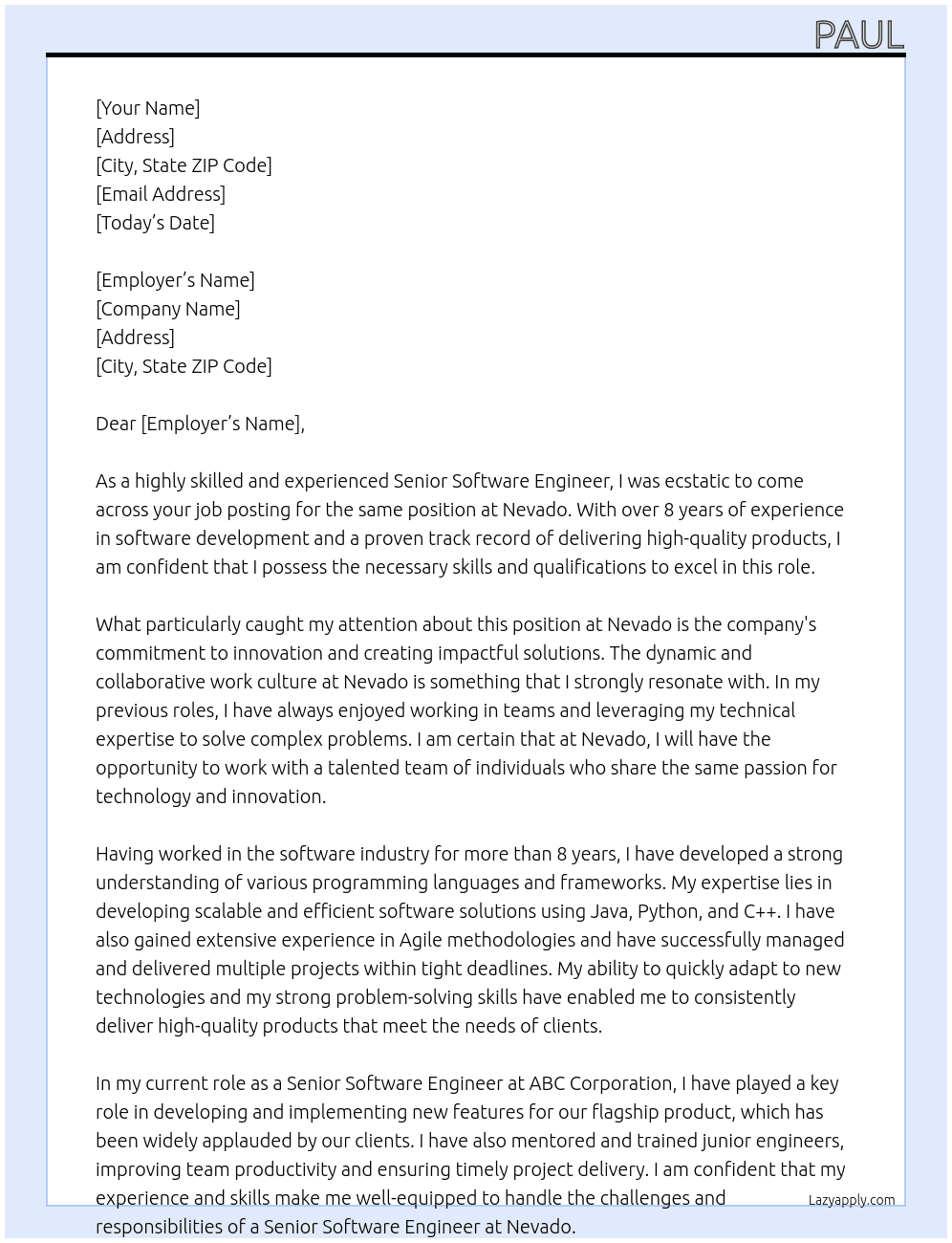 Senior Software Engineer At Nevado Cover Letter