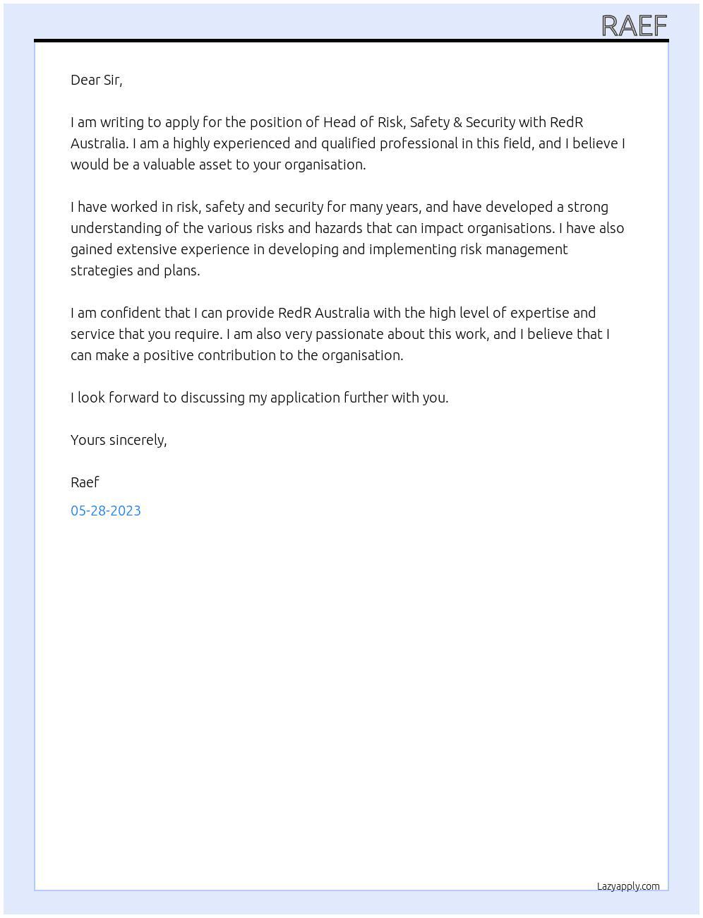 Head of Risk, Safety & Security At RedR Australia Cover Letter