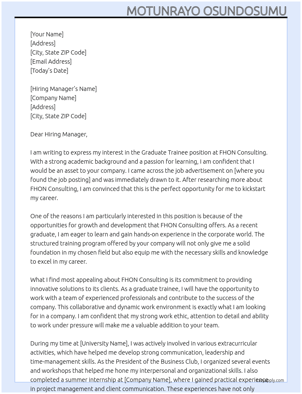 Graduate Trainee  At FHON Consulting  Cover Letter