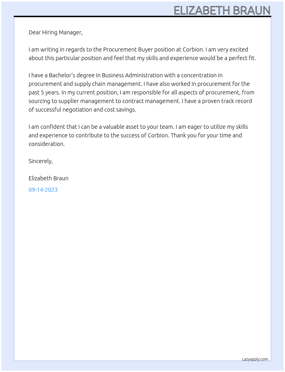 Procurement Buyer At Corbion Cover Letter