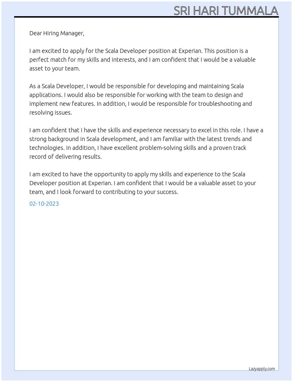 Scala Developer At Experian Cover Letter