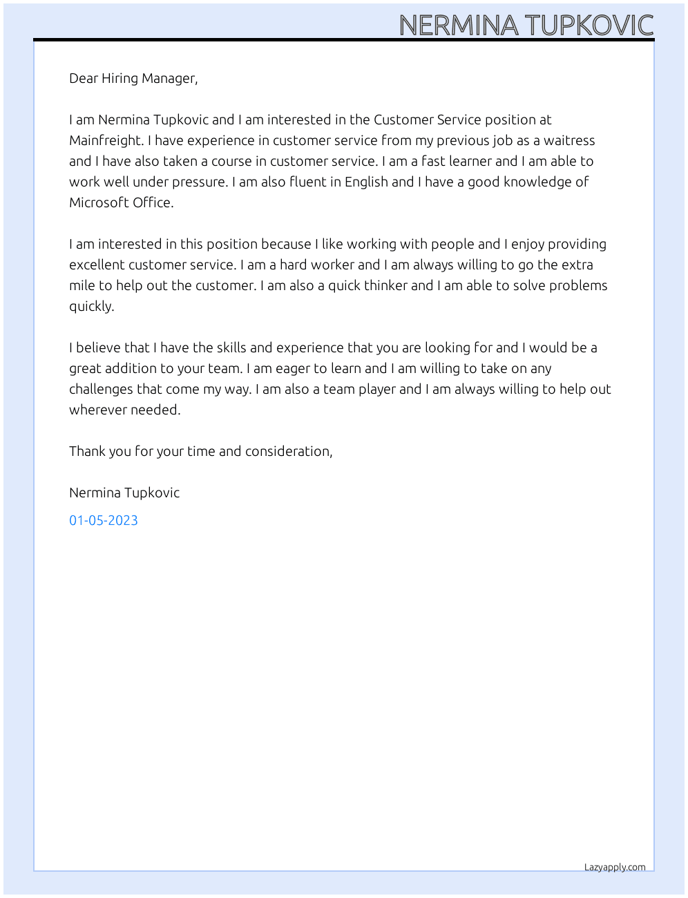Customer Service At Mainfreight Cover Letter