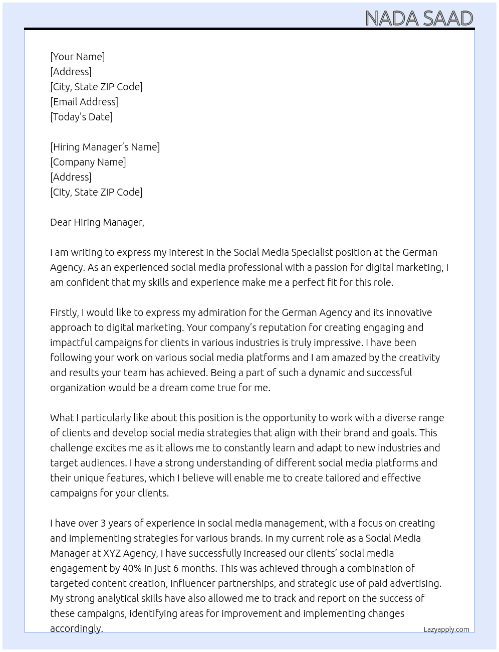 Social Media Specialist At German Agency Cover Letter
