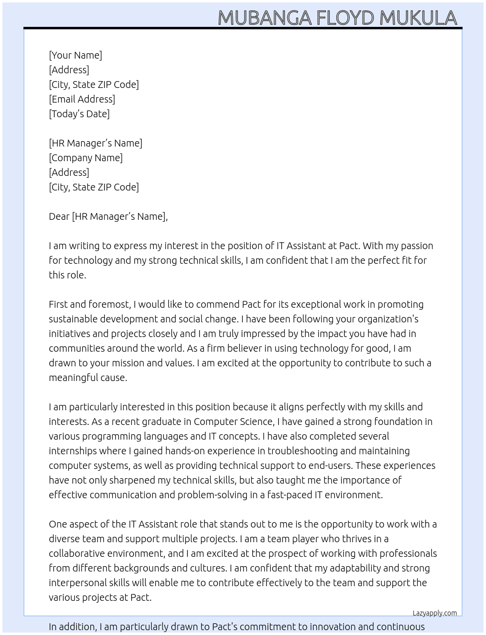 IT Assistant  At Pact Cover Letter