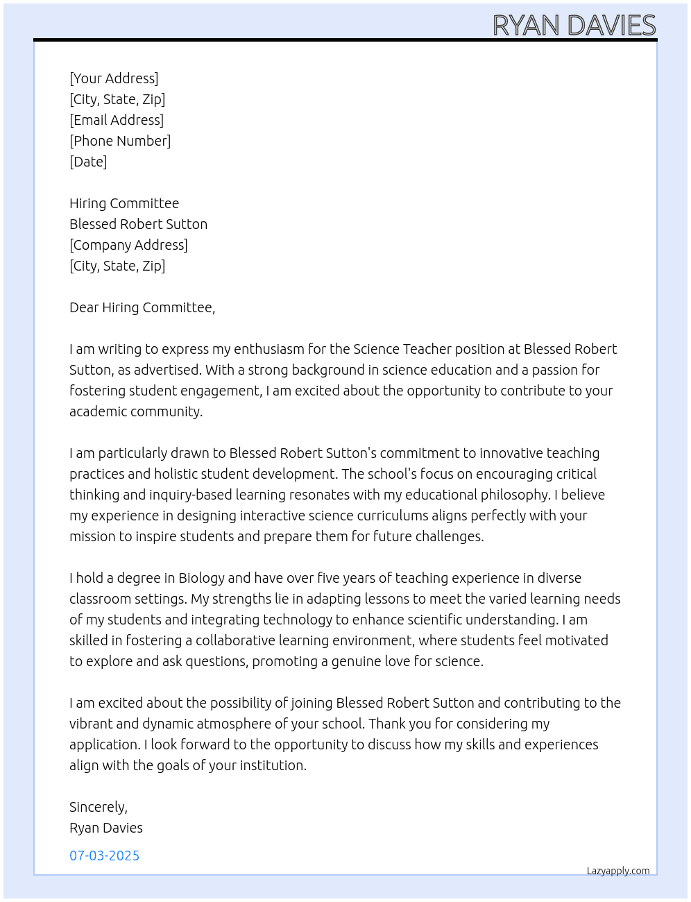 Science Teacher At Blessed Robert Sutton Cover Letter