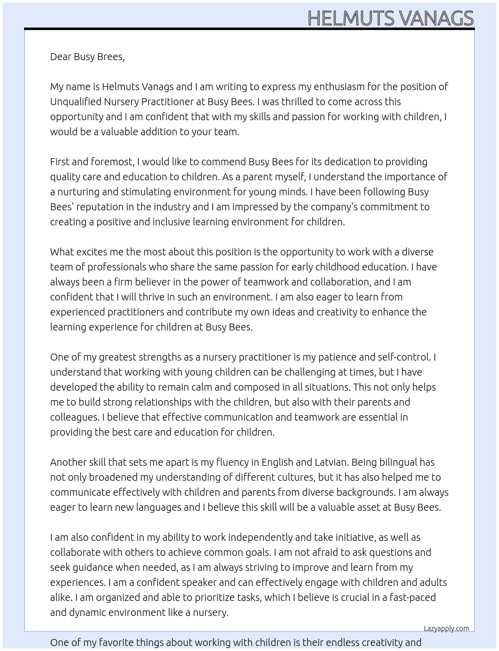 Unqualified Nursery Practicioner At Busy Bees Cover Letter