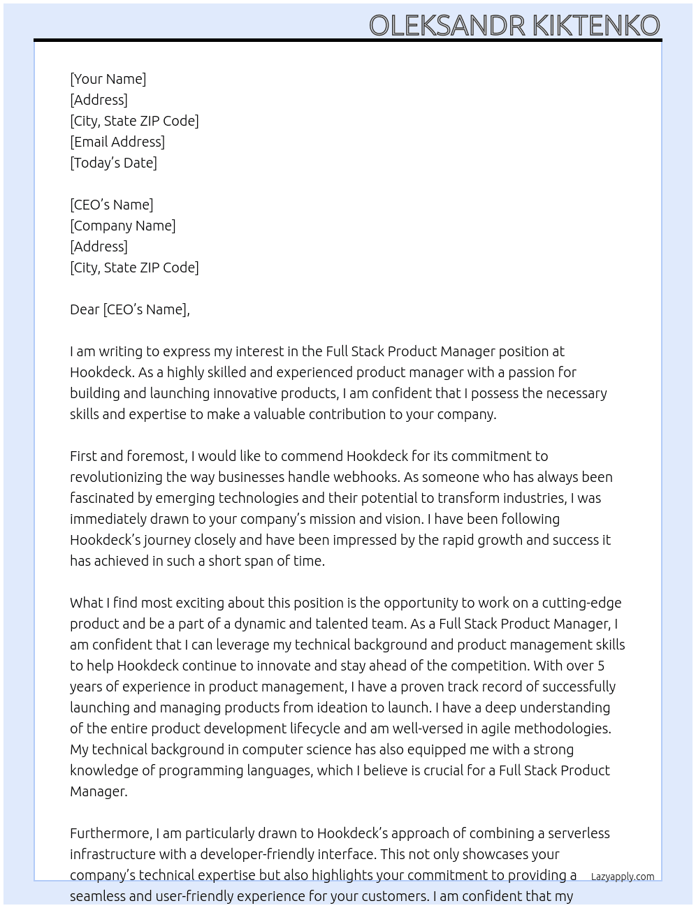 Full Stack Product Manager At Hookdeck Cover Letter