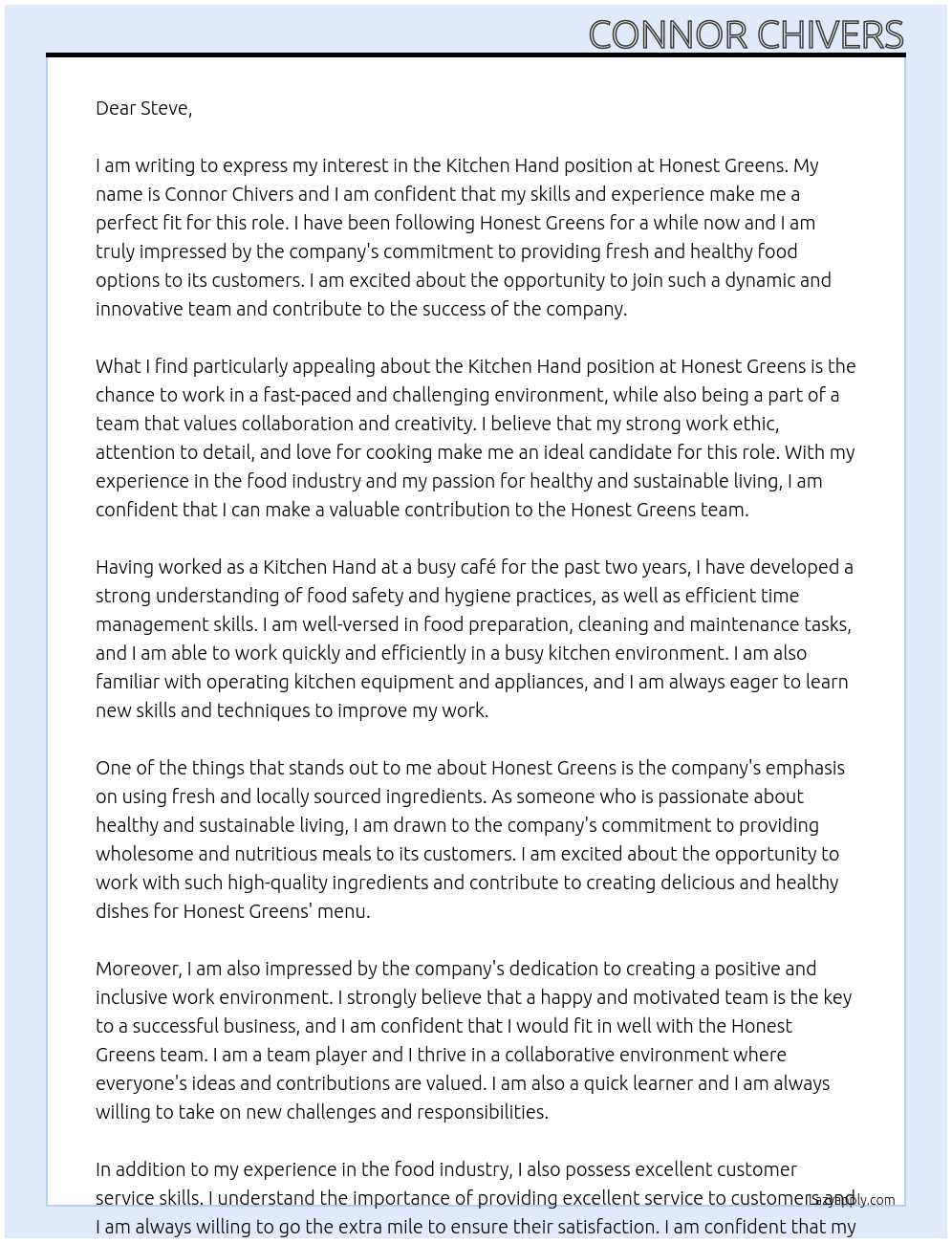 Kitchen Hand At Honest Greens Cover Letter