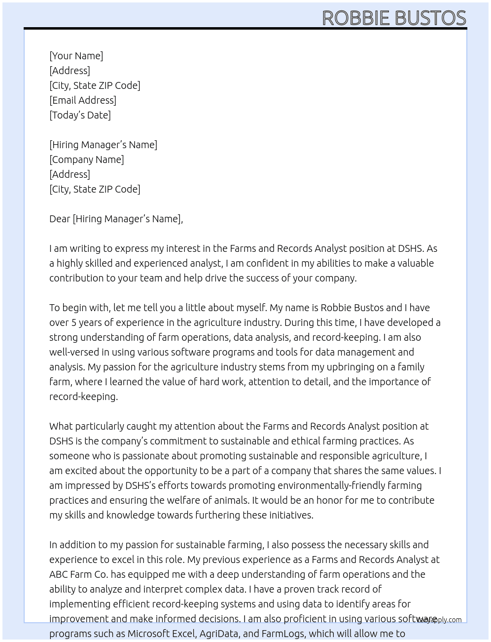 farms and records analyst At dshs Cover Letter