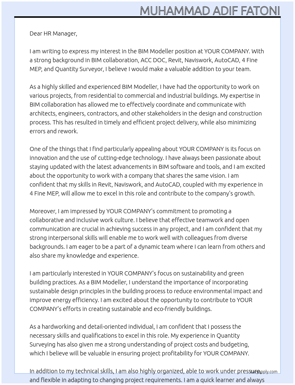BIM MODELLER At YOUR COMPANY Cover Letter